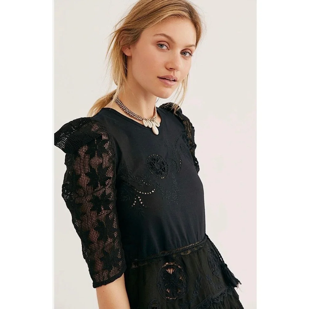 C30 Free People Place Nationale La Tourrache Lace Puff‎ Sleeve Embroidered Dress